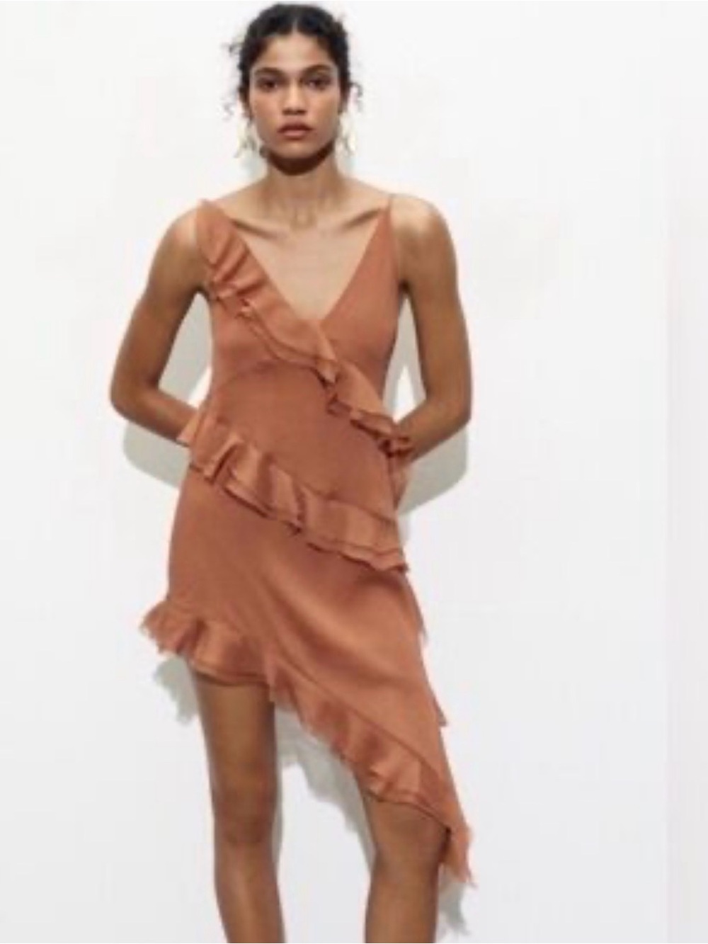 Nwt Zara Asymmetrical Ruffle Dress in Rust Xs/S